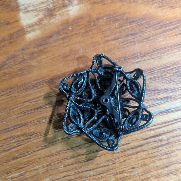 Vintage Black Rhinestone Star-Shaped Brooch Pin floral  morning gothic - Picture 3 of 6